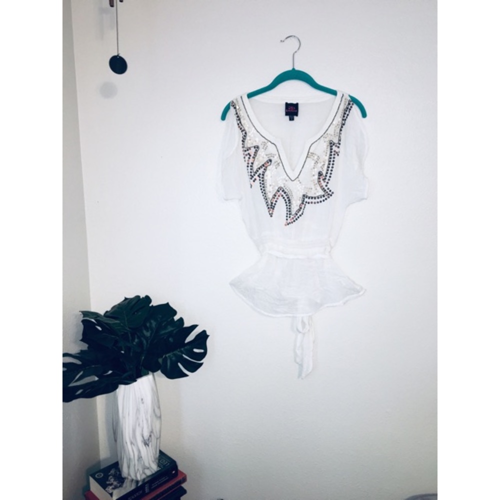 bebe Nylon Blouse Gold Sequin neckline